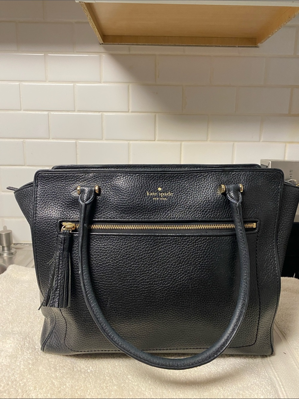kate spade Black Pebbled Leather Satchel with Tassel and Front Zip
